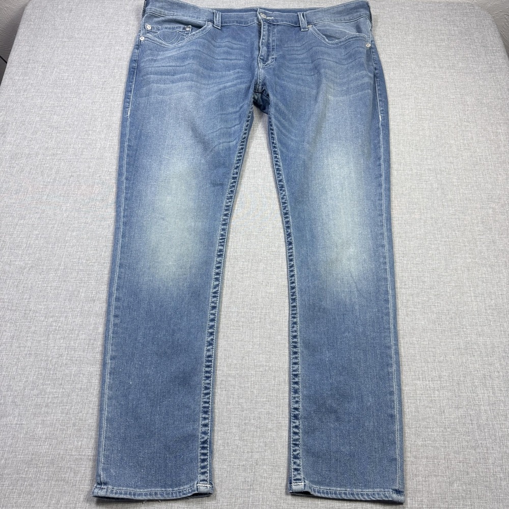 True Religion Jeans Mens 44x34 Straight‎ Blue Light Wash Denim Logo Pockets